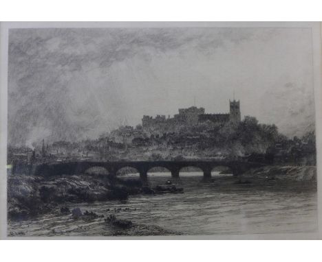 Two etchings, Edinburgh from a distance and view of Lancaster and three prints