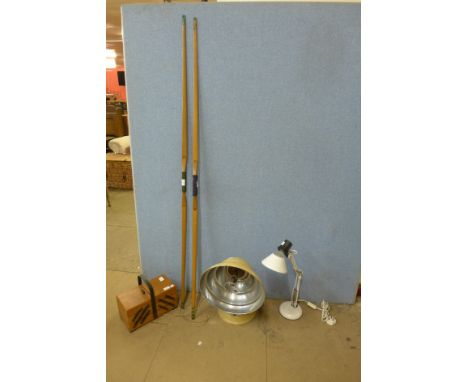 Two vintage long bows, anglepoise lamp, heat lamp and a sewing box
