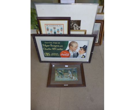 A 1930's interior scene print and four other prints, framed