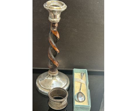 Silver and wood candlestick together with a silver spoon and silver napkin ring