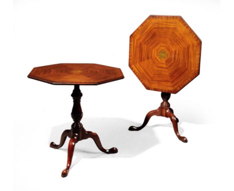 A pair of English inlaid mahogany tripod tables, possibly by William Tillman, of George III style, 20th century, the octagona