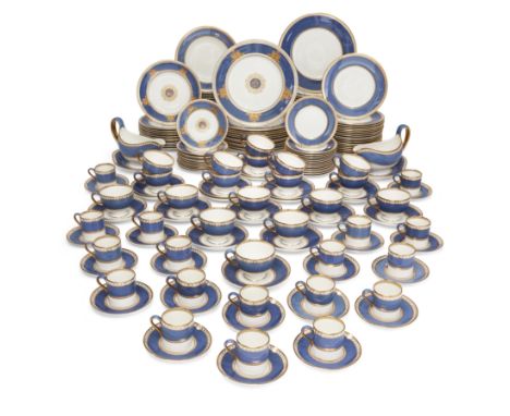 A modern Wedgwood powder-blue ground bone china dinner service, 'Portland Vase' gilt and black printed mark, comprising: eigh