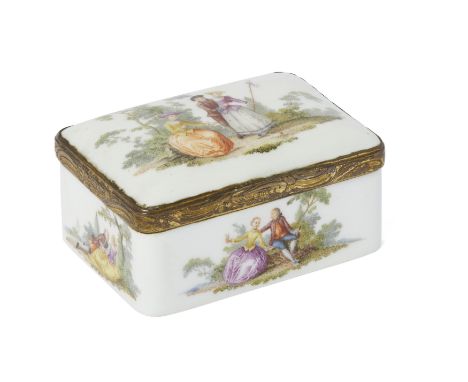 A copper-gilt mounted German porcelain rectangular snuff box and cover, probably c.1755, probably Meissen, each facet painted