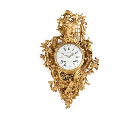 A Louis XV ormolu cartel clock, by Jean Moisy, Paris, third quarter 18th century, the rococo case surmounted by a putto sitti