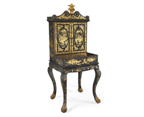 A Chinese export black lacquered cabinet on stand, 19th century, with gilt decoration, the swan neck pediment above two doors