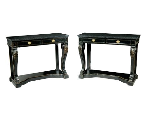 A pair of modern black painted console tables, of Regency style, probably by Ralph Lauren, with marble tops above two drawers