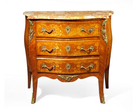 A French gilt-metal mounted marquetry and kingwood serpentine commode, of Louis XV style, first quarter 20th century, the mar