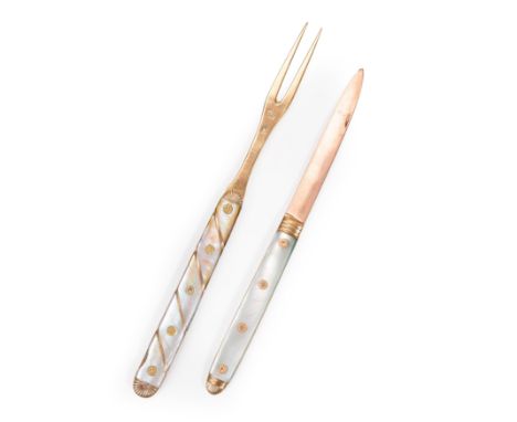 A French gold and mother-of-pearl mounted folding fork, late 18th century, with French marks, the grip mounted with mother-of