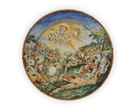 A Continental istoriato maiolica charger, probably second half 19th century, painted with the conversion of Saul, with Saul i