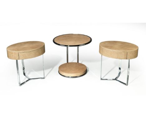 A pair of modern oval bedside tables, by Rugiano, with faux crocodile leather cladding and single drawer, on chrome base, 46c