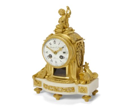 A French gilt-bronze mounted marble mantel clock, of Louis XVI style, early 20th century, the case surmounted with a seated c