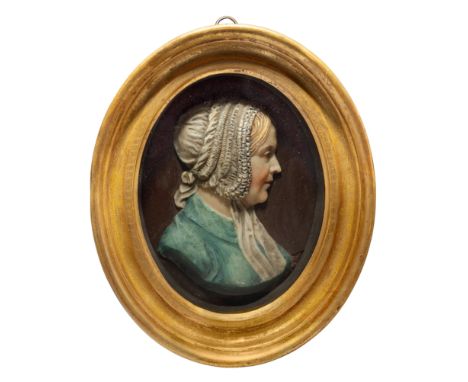 Richard Cockle Lucas, British, 1800-1883, a large coloured wax portrait relief of Anna Brownell Jameson, 1794-1860, mid-19th 