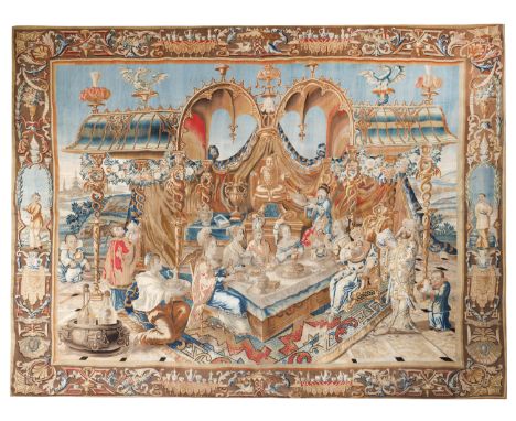 A fine and rare Berlin Chinoiserie tapestry of ‘The Emperor’s Banquet’ from the Grossmogulenfolge series, attributed to the w