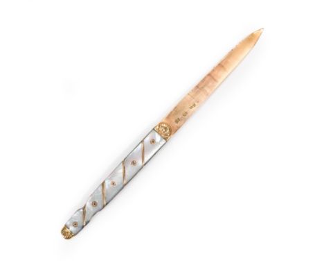 A French gold and mother-of-pearl mounted folding fruit knife, Paris, with assay mark for Orléans 1774-1780 and later French 