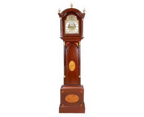 A George III mahogany musical longcase clock, late 18th century and later, the hood with three urn finials above arched mould