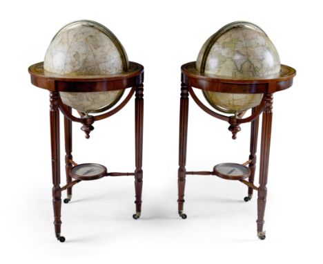 A pair of English fifteen-inch terrestrial and celestial library globes, by Cary, London, dated 1818 and 1826, the terrestria