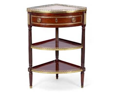 A French brass-mounted mahogany corner whatnot, last quarter 19th century, the marble top above drawer and two shelves, on ta