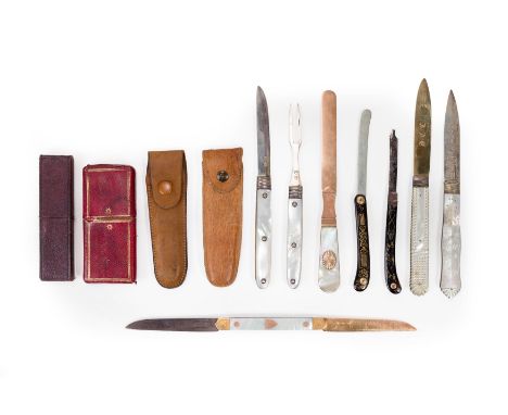A group of knives and implements, 18th - 19th centuries, comprising: a gold and mother-of-pearl mounted folding knife, 19th c