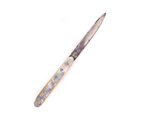 A French gold and mother-of-pearl mounted folding fruit knife, third quarter 18th century, of Berge type, with one gold and o