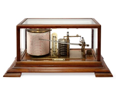 A Scottish mahogany cased barograph, early 20th century, containing vacuum bellows, recording drum and ivorine thermometer, t