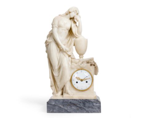 A French marble figural mantel clock, first half 19th century, with a Classical lady in mourning stood in flowing robes leani