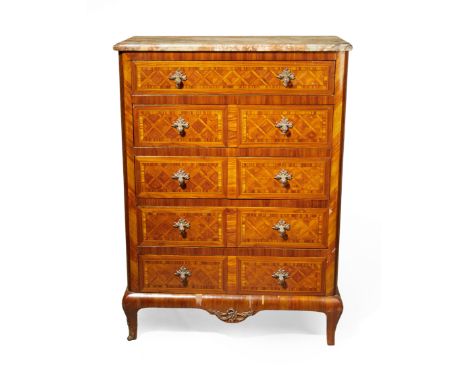 A French parquetry and kingwood commode, first quarter 20th century, with marble top and five drawers, on curved feet, 113cm 