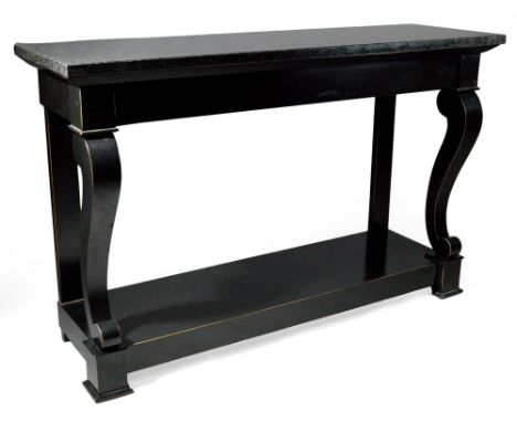 A modern black painted console table, of Regency style, probably by Ralph Lauren, the marble top above curved support, on pla