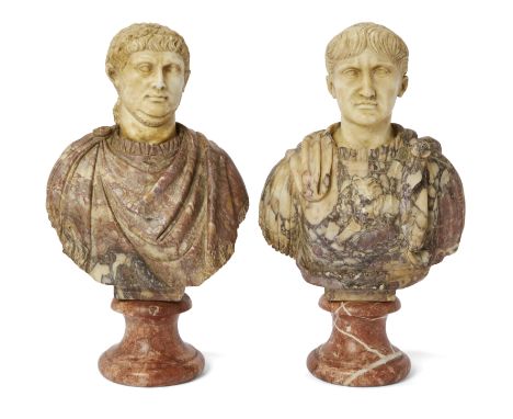 A pair of Italian marble busts of Roman Emperors Augustus and Nero, the torsos 18th century, the heads and socles later, afte