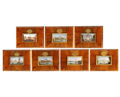 A group of seven Swiss enamel plaques with views of St Petersburg, mid-19th century, each mounted in gilt-bronze frames with 
