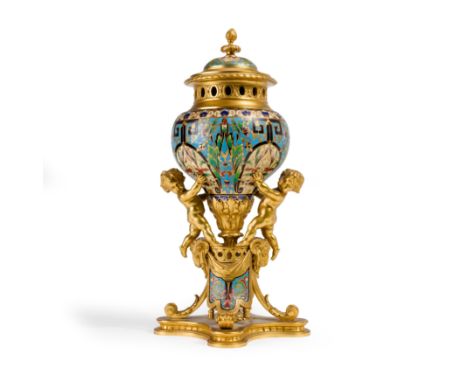 A French gilt-bronze and cloisonné enamel brûle-parfum, by Maison Alphonse Giroux, third quarter 19th century, decorated over
