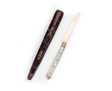 A French gold and mother-of-pearl mounted travelling knife, second half 18th century, the mother-of-pearl handle with gold ro