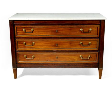 An Italian brass-mounted mahogany commode, third quarter 19th century, with marble top above three drawers, on tapering feet,