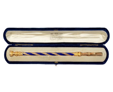 A gold-mounted dip pen, 19th century, with chalcedony engraved monogram seal top above gold and blue enamel striped shaft bet