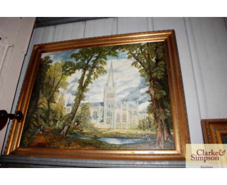 Arthur R Andrews, oil on panel, after Constable study of Salisbury Cathedral