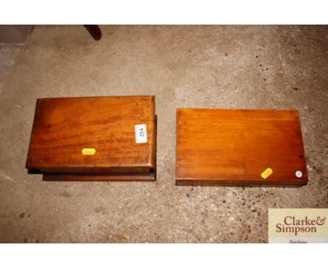 A mahogany box, a fruitwood box, folding rule, cribbage markers etc.