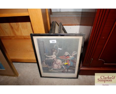 A humorous caricature print and various fashion prints