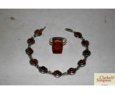 An amber set bracelet and ring