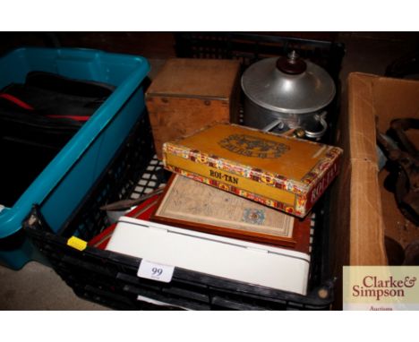 A pewter ice bucket, various boxes, brass poker, metal ware ladle, 1st Aid Kit box etc.