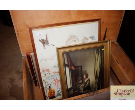 A framed and glazed embroidery and a pair of prints, after George Morland; various other pictures etc