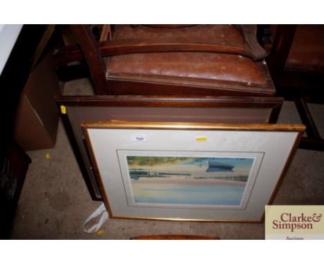 Four various watercolours and prints depicting river scenes some local