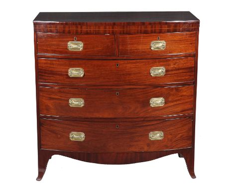 
	
		A Regency mahogany bowfront chest of drawers, circa 1815, with two short and three long oak lined drawers above outswept
