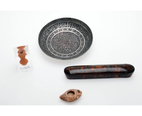 
	
		Assorted to include a Roman terracotta oil lamp, 7.5cm long; a Qajar papier mache pen box, 24.3cm long and Persian silve