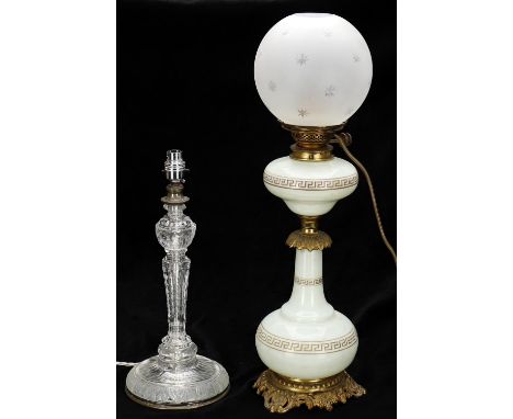 
	
		A late 19th century silver plate mounted cut glass lamp base, later converted, 40cms high overall; and a late 19th centu