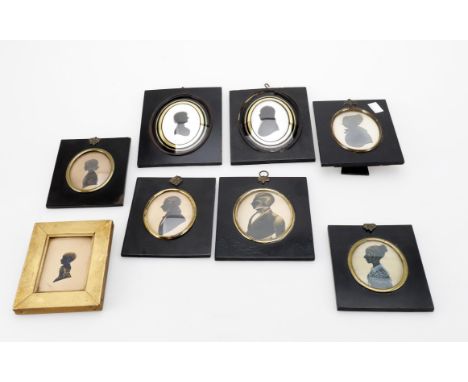 
	
		Eight 19th century oval bust profile silhouettes, including two on plaster bearing labels for John Miers and John Field,