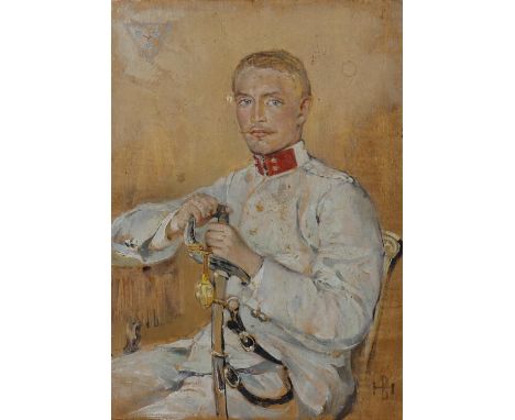 
	
		"HB" early 20th century Continental School, 
		Portrait of a seated cavalry officer, 
		Oils on board
		Signed with init