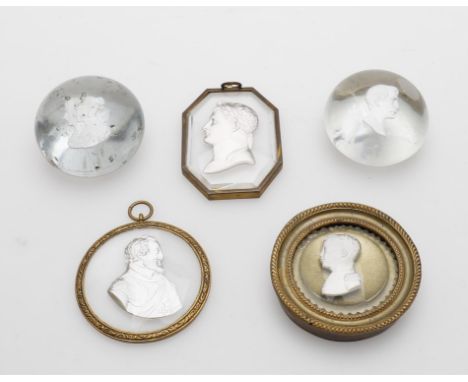 
	
		A small collection of sulphide cameo glass to include; an early 19th century octagonal portrait medallion in the manner 