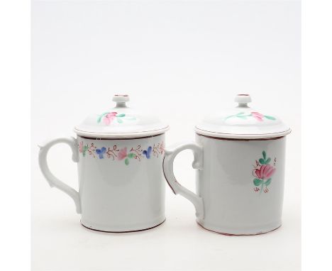 
	
		Two near pairs of Russian hand decorated porcelain mugs and covers, Kuznetsov Dulevo factory mark (1864 - 1889 period), 