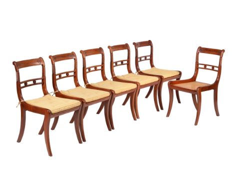 
	
		A set of six Goncalo Alves dining chairs in Regency style, 20th century, after a design by Gillows, each moulded top rai