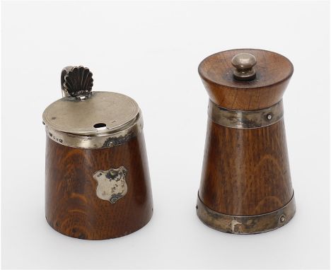 
	
		Late Victorian matched silver mounted oak pepper grinder and mustard pot,  pepper by F J Thomas Birmingham 1894, Peugeot