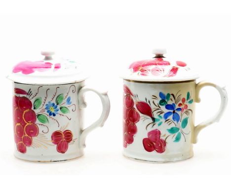 
	
		Two near pairs of Russian hand decorated porcelain mugs and covers, Kuznetsov Dulevo factory (1889 - 1917), each with fl